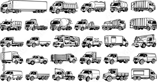 Vector illustration set of hand-drawn commercial vehicles. Collection of different types of trucks, delivery vans, cargo carriers, and utility vehicles isolated on white.