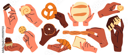 Flat vector illustration set of diverse hands holding bakery and dessert items. Perfect for bakery branding, cafe menus, food delivery apps, packaging, and marketing materials