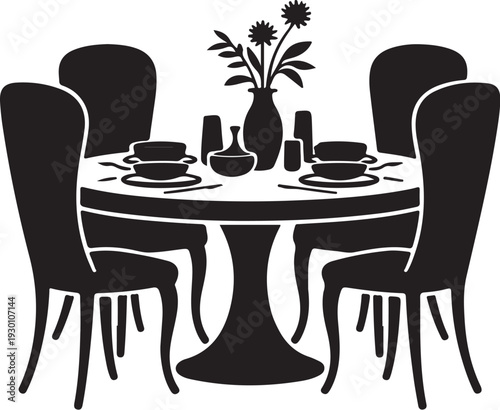 Black silhouette of dining table set for two with flowers
