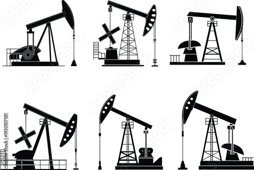 Vector, Illustration, Set, of, Oil, Pump, Jack, Silhouettes, for, Industrial, Identity, Branding, Energy, Fuel, Production, and, Professional, Graphic, Design, Projects, Collection, Icon, Equipment