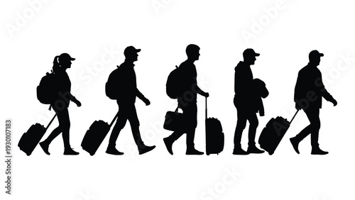 A line of silhouetted travelers walking with luggage isolated on white background, Vector
