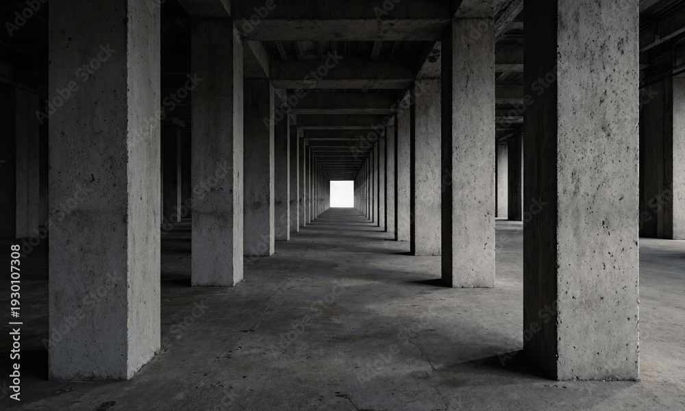 Fototapeta premium Concrete columns perspective brutalist architecture forms a repeating corridor in a dark structure leading toward bright light