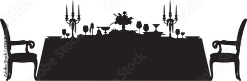Black silhouette of dining table with chairs and candelabras
