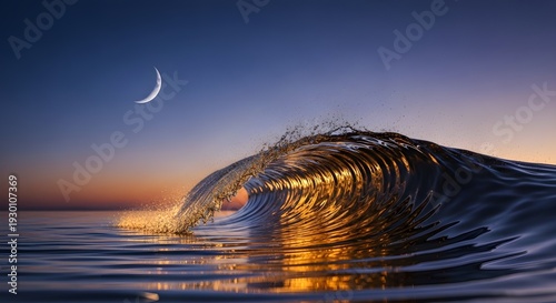 Golden sunset wave crashes on serene ocean with crescent moon in twilight sky