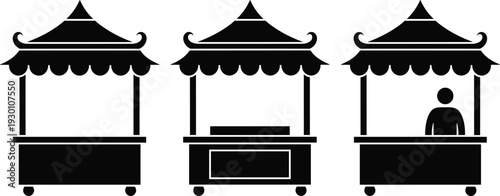 Black and white illustration of three market stalls with pagoda-style roofs showing empty, stocked, and vendor-operated booth stages