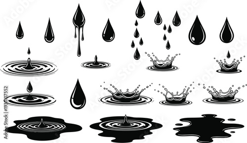Black and white illustration of liquid drops falling, splashing, and forming ripples, stylized fluid dynamics artwork for design and education