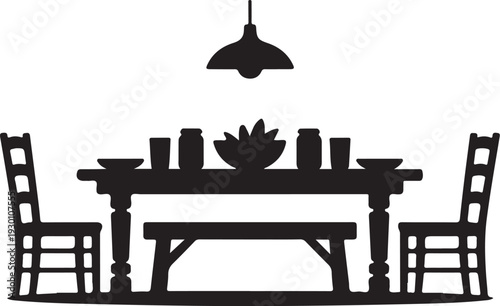Black silhouette of dining table with chairs and lamp