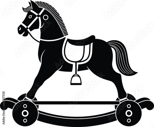 Black and white illustration of traditional rocking horse toy with saddle, bridle, stirrups, and curved wheeled base design