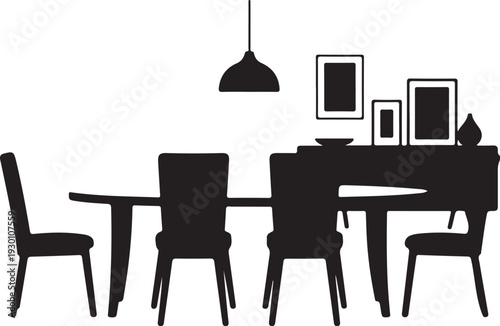 Black silhouette of dining table with chairs and decor