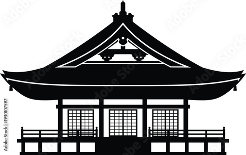 Traditional Japanese Temple Silhouette with Curved Roof Architecture Isolated on White Background Vector Illustration Design