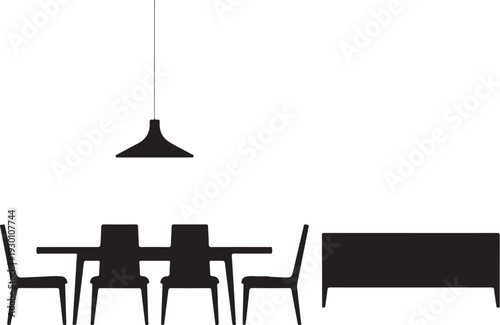 Black silhouette of dining table with chairs and pendant light
