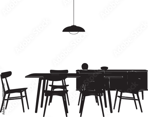 Black silhouette of dining table with chairs and pendant light