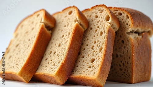 Three whole wheat bread slices show textured crust and soft crumb. One loaf sits behind ready for sandwich or toast. Nutrition and baking at its best.