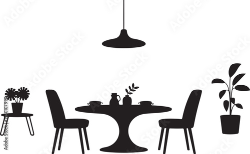 Black silhouette of dining table with chairs and plants
