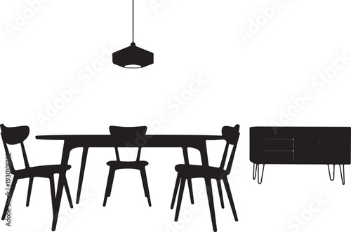 Black silhouette of dining table with chairs and sideboard