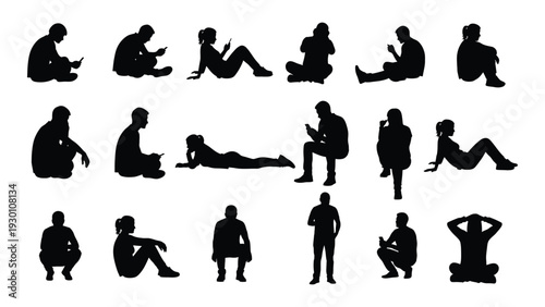 A collection of black silhouettes of people in various poses isolated on white background, Vector