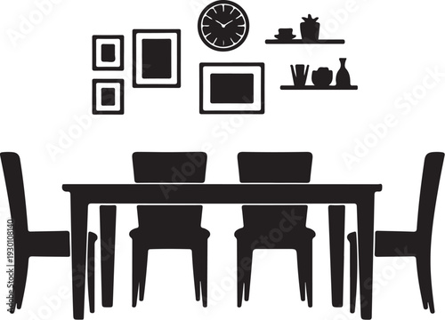 Black silhouette of dining table with chairs and wall decorations