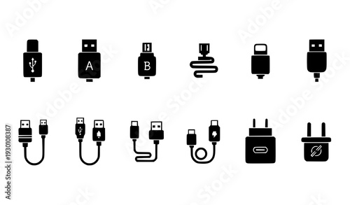A set of black and white vector icons depicting various USB connectors and chargers