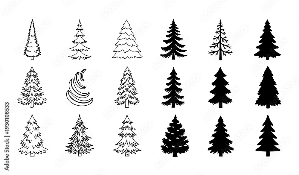 Obraz premium A collection of various tree silhouettes and illustrations in black and white