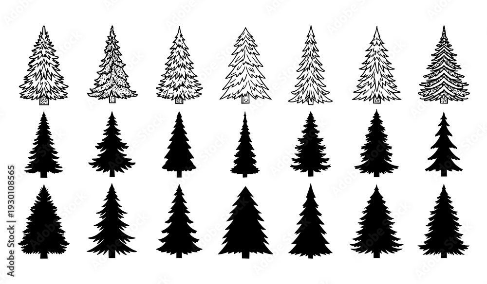 Obraz premium A set of minimalist pine tree silhouettes and illustrations in black and white