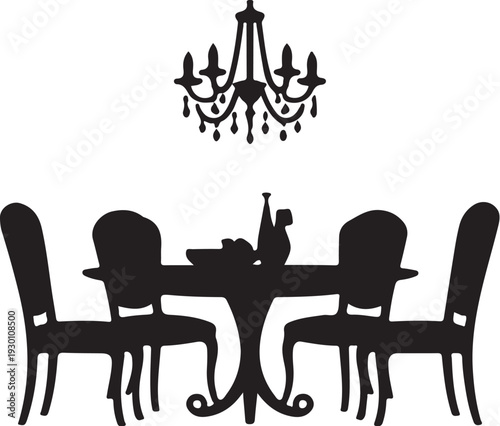 Black silhouette of dining table with four chairs and chandelier