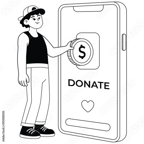 Charity Illustration. Vector illustration of Young man making online donation through mobile application supporting digital fundraising campaign. Isolated on background