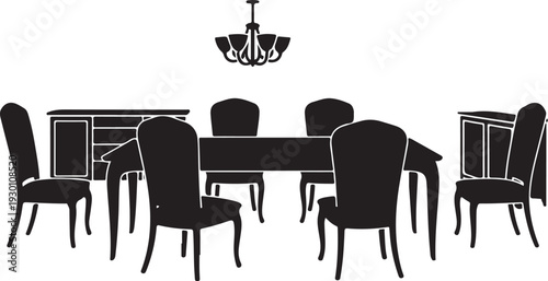 Black silhouette of dining table with eight chairs and sideboard