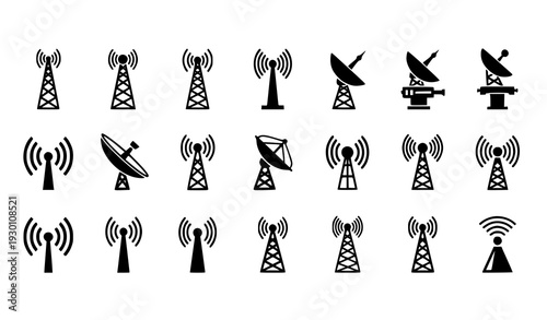 A set of black and white vector icons depicting various communication towers and satellite dishes