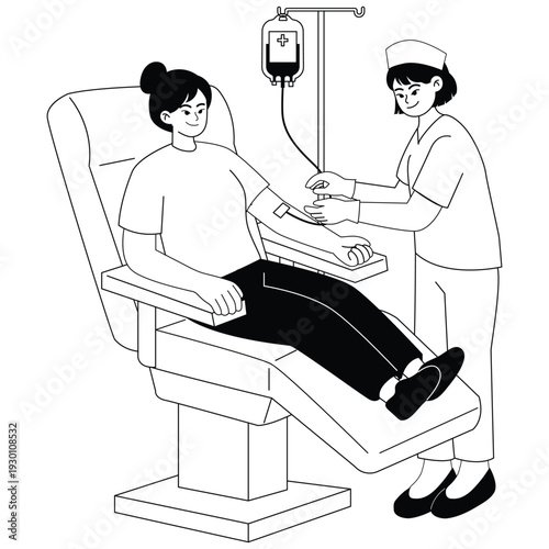 Charity Illustration. Vector illustration of Nurse assisting woman during blood donation process in medical clinic setting. Isolated on background