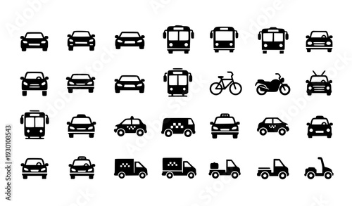 A collection of black silhouette vehicle icons on a white background