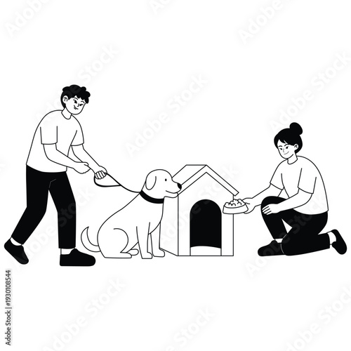 Charity Illustration. Vector illustration of Volunteers caring for rescued dog with food and shelter assistance. Isolated on background