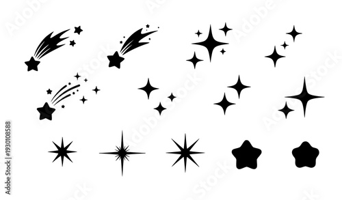 A set of black star and sparkle vector graphics on a white background