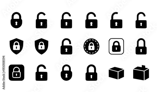 A set of black and white padlock icons for security and protection