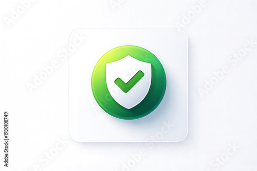 Green and white shield with checkmark security on white background protection safe