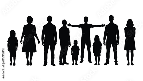 A group of people standing together in silhouette isolated on white background, Vector