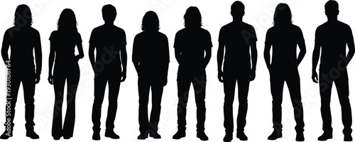 Black silhouette collection of diverse men and women holding umbrellas standing in a row isolated on white background for rainy weather and protection concepts,