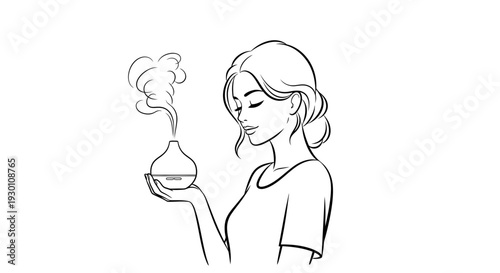 Elegant woman embracing aromatherapy with an essential oil diffuser for serene relaxation