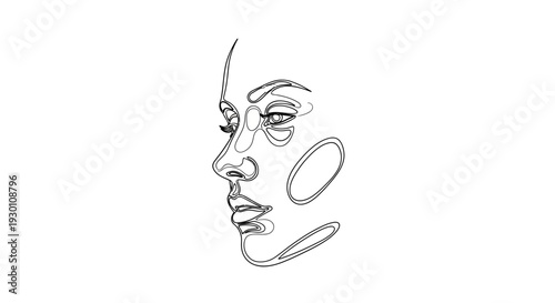 Minimalist continuous line art drawing of a female profile expressing serene beauty and artistic