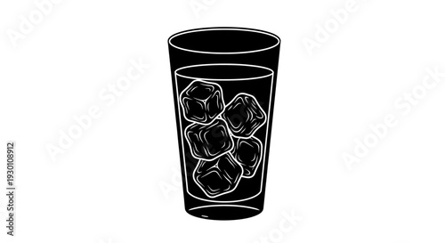 Stylized black and white graphic of a refreshing cold beverage in a tall glass with ice cubes