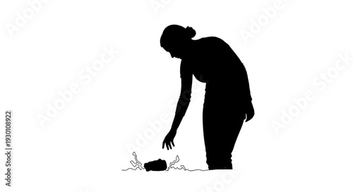 Silhouette of a woman bending down to touch an unknown object on the ground