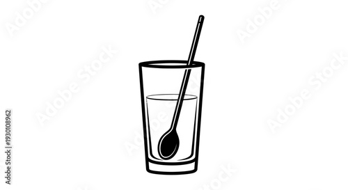 Minimalist black and white vector illustration of a tall drinking glass with liquid and a stirring
