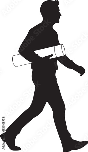Male silhouette walking with rolled up paper or blueprint under arm vector illustration