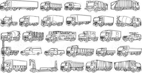 Trucks and Transportation Vehicle Line Art Illustration: Diverse Commercial and Personal Trucks Collection