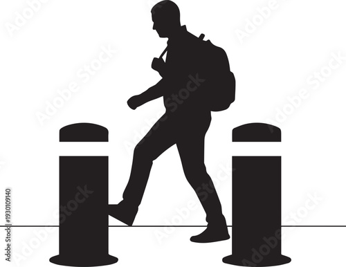 Silhouette man with backpack walking between bollards vector illustration