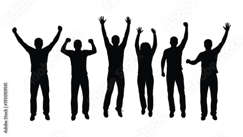 A group of people jumping in the air with their arms raised isolated on white background, Vector