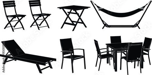 Outdoor furniture silhouette collection with folding chairs, table, hammock and sun lounger, black garden patio set vector illustration isolated on white background