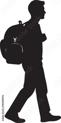 Student with backpack walking silhouette side view isolated on clear graphic background