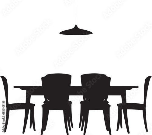 Black silhouette of dining table with four chairs and pendant light