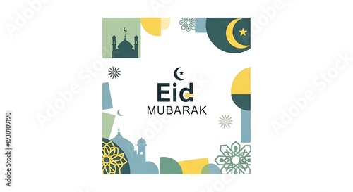 Eid mubarak greeting card with mosque crescent moon and geometric design