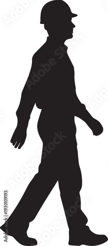 Worker wearing hard hat walking vector silhouette illustration line art manual labor profile view